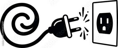 Minimalist black and white vector art showing electric plug with spiral wire disconnecting from wall socket simple line design