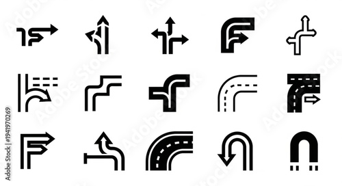 Road Direction Icons - Navigational Symbols for Wayfinding and Route Planning.