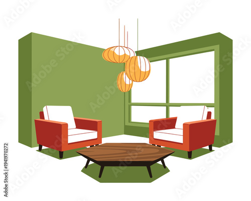 Two mid-century modern armchairs frame a low hexagonal coffee table indoors.