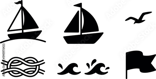 Simple black silhouette nautical icons including sailing boat waves knot flag and flying seagull vector art