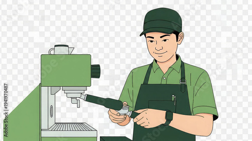 Barista prepares coffee with green espresso machine