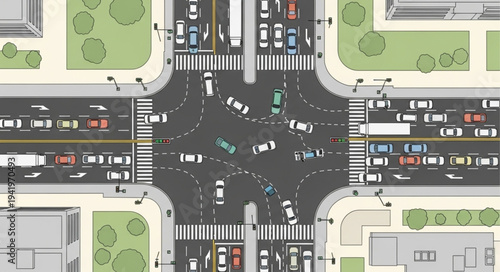 Aerial View of a Busy Urban Intersection with Cars.