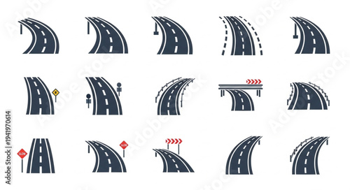 Collection of Curved Roads with White Lines and Signage.