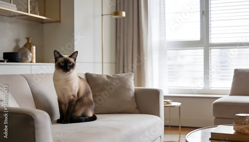 A siamese cat sitting on a beige couch in a sunlit living room