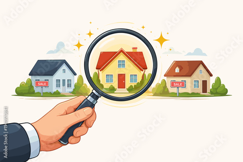 Businessman Hand Holding Magnifying Glass to Find Best Real Estate Deal, House Hunting Concept with Residential Homes for Sale, Property Search, Investment, and Mortgage Vector Illustration.