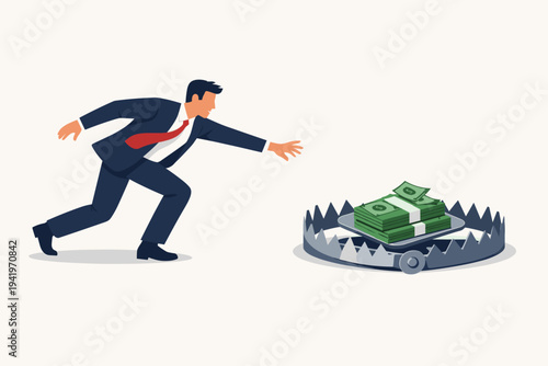 Businessman in a Suit Reaching for a Stack of Money Banknotes Placed Inside a Dangerous Bear Trap, Concept of Financial Risk, Greed, Investment Scam, Debt, and Business Lure Flat Vector Illustration