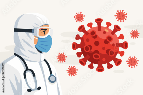 Doctor in full protective personal equipment PPE suit, goggles, and face mask looking at a large red coronavirus molecule. Medical professional fighting COVID-19 pandemic. Flat vector illustration.