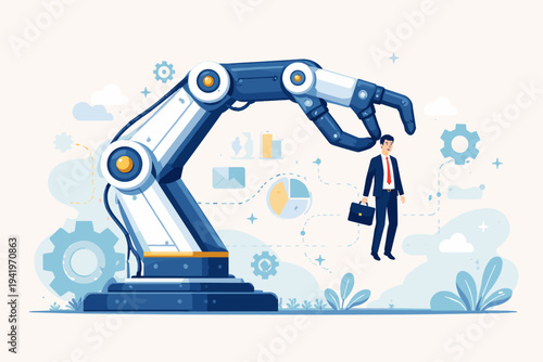 Giant Robotic Arm Picking Up a Small Businessman Representing AI Replacing Human Labor and Automation in the Modern Workplace, Concept of Job Loss and Technological Progress Vector