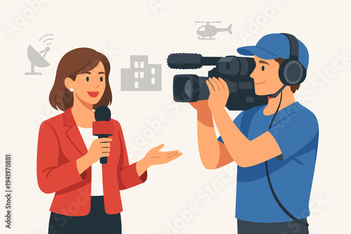 Professional female journalist in a red blazer holding a microphone and a male cameraman with a video camera and headphones filming a live news reportage with satellite and helicopter icons.