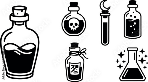Minimalist black and white line art vector icons of magical potion bottles with cork stoppers and mystical contents including moon and skull symbols