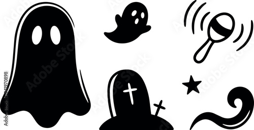 Black silhouette halloween ghosts with graveyard tombstones rattle maracas and decorative swirl stars vector icons