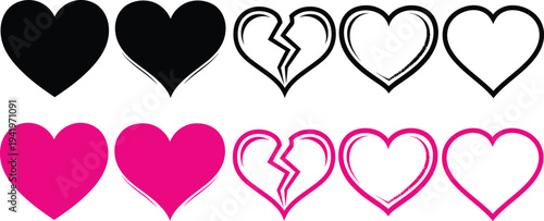 Neon pink hearts isolated on transparent background.