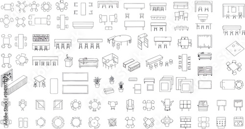 A collection of various technical mechanical engineering drawings and diagrams isolated on transparent background