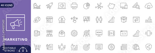 Marketing icon set campaign strategy target audience branding market research advertising promotion digital analytics growth business management communication media planning. Editable stroke.