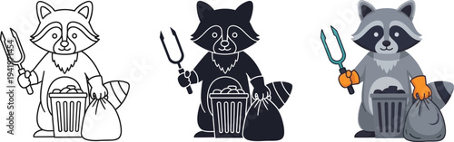 Adorable cartoon raccoon character collection holding garbage can and trash bag with a litter grabber tool in various graphic styles