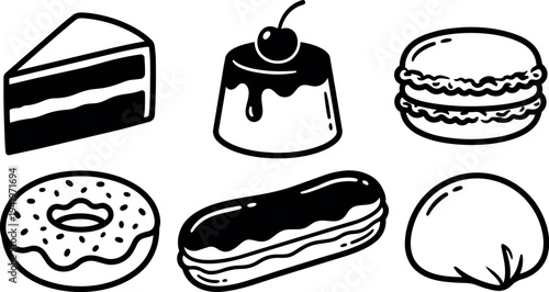 Black and white hand drawn vector icons of cake donut macaron pudding eclair and bun bakery dessert set
