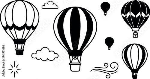 Minimalist black and white hot air balloons floating with clouds wind and sun icons vector art design