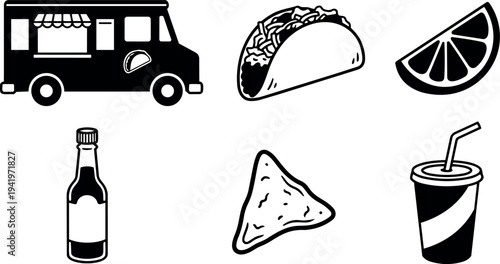 Black and white simple icons of food truck taco sauce bottle nachos soda and lime wedge set minimal vector art elements collection