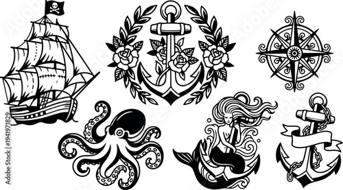 Black and white nautical tattoo flash set with sailing ship octopus compass anchor mermaid and floral wreath designs