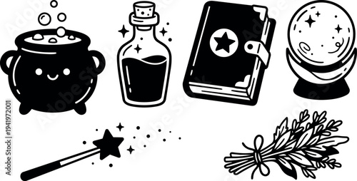 Cute magical potion cauldron smiling with bubbling liquid bottle of potion spell book crystal ball wand and herb bundle vector illustration