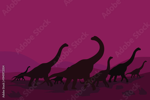 Silhouette illustration of a brachiosaurus herd migrating across a prehistoric landscape. 
