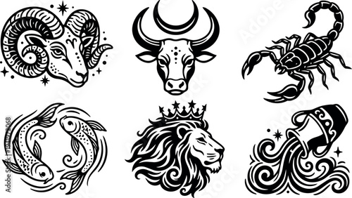 Black and white vector art zodiac signs ram bull scorpio fish lion and water bearer celestial style