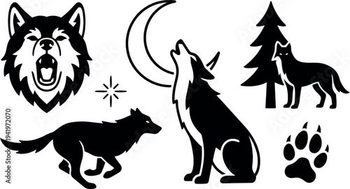 Black silhouette wolf icons including howling at crescent moon standing by pine tree running wolf head and paw print vector set