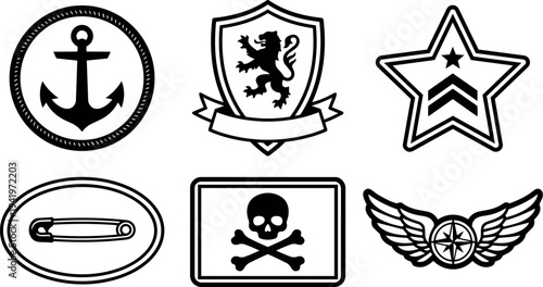 Black and white flat design collection of six retro badges including anchor shield star safety pin skull wings and compass