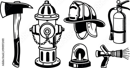 Black and white vector fire safety equipment including axe fire hydrant helmet extinguisher siren and fire hose nozzle illustration