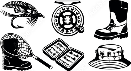 Black and white vector art set of fishing fly reel fishing boots fishing net and fishing hat with hooks in flat style