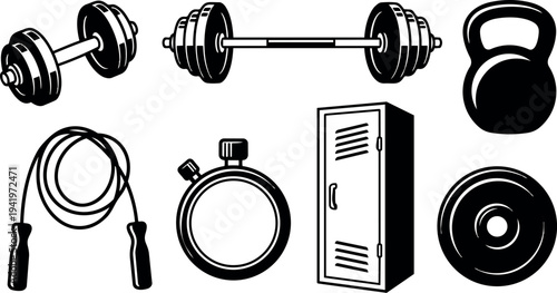 Black and white vector icons set of gym equipment including dumbbell barbell kettlebell jump rope locker stopwatch and weight plate