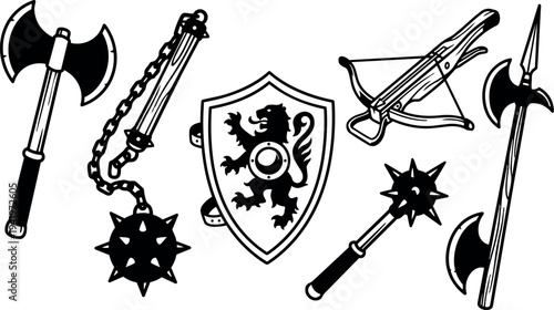 Black and white medieval weapon set with double axe flail mace shield crossbow spear in flat vector design style