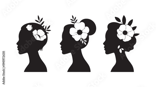 Black silhouette set of three women with floral hair accessories