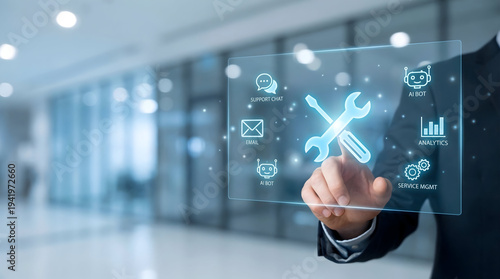 Businessman touching digital interface for customer service and technical support