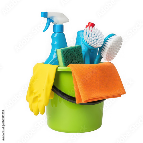 Cleaning bucket with gloves spray bottle and brushes isolated on a transparent background