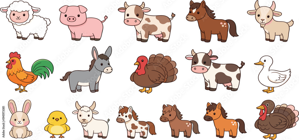 Fototapeta premium Farm Animal Cartoon Icons Set Featuring Sheep, Pig, Horse, Chicken, and More for Kids' Designs