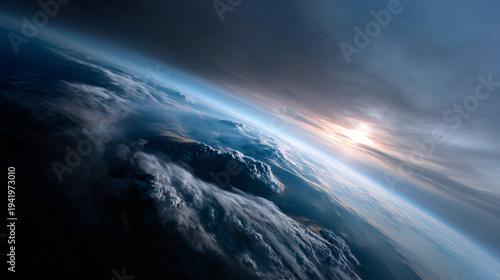 Stunning orbital view of Planet Earth from space revealing its luminous blue atmosphere, vibrant continents and swirling cloud systems across the oceans, dramatic sunlight illumina