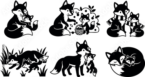 Vector art of mother fox hugging baby fox picking fruit with basket family in scarves running in grass and sleeping together