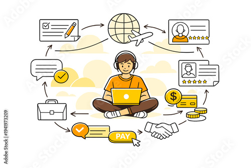 Image Generation. Online Freelance Marketplace Workflow. Abstract task cards, profiles, and payment icons