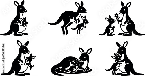 Black silhouette vector art of mother kangaroo interacting with baby joey in different poses including jumping sitting and hugging illustrations