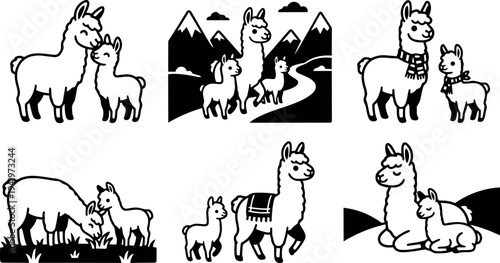 Minimalist black and white vector art of adult lama with baby lama in nature scenes with mountains grass and scarves cozy peaceful mood