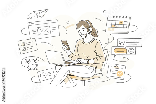 Image Generation. A Day in the Life of a Virtual Assistant. Assistant switching between inbox, calendar, and