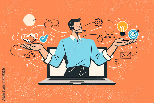 Image Generation. Selling expertise online. Expert speaking through a laptop screen, ideas flowing as icons