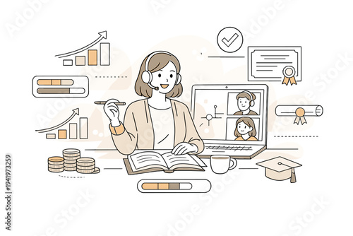 Image Generation. Earning Income Through Online Tutoring. Educator guiding students via video call, progress