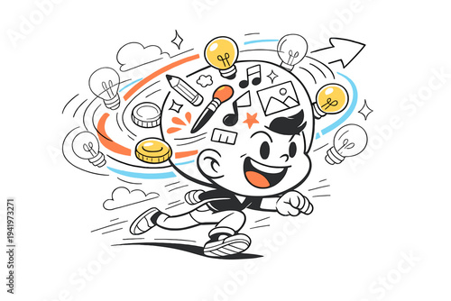 Image Generation. Creative work as income source. Bold jump from passion to profit, oversized head full of