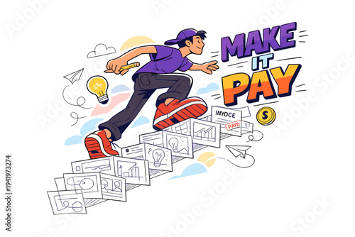 Image Generation. Creative work as income source. Distorted perspective of a creator climbing a staircase made