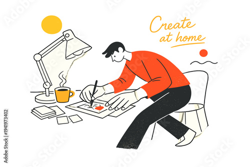 Image Generation. Cozy home studio lifestyle. Creative professional adjusting work on a desk, outlined lamp,
