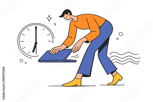 Image Generation. Work life balance for remote workers. Remote professional closing a laptop, outlined clock