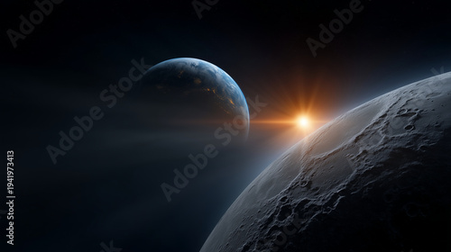Cinematic cosmic scene showing Planet Earth partially illuminated by the rising sun while a cratered moon surface appears in the foreground, dramatic sunlight rays spreading across