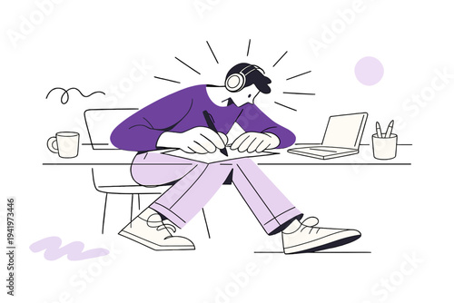 Immersed in Focus. Deep focus work environment. Professional fully immersed at a desk, outlined